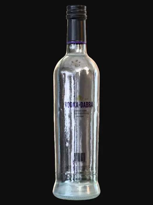 3D model for Hyper-realistic 750 mL “fifth” vodka bottle (parody, no real brands). Clear flint glass with thick base, subtle mold seam, realistic refraction; filled with clear liquid, meniscus + a few tiny bubbles. Tamper-evident screw cap with knurling, light scuffs. Label: pun name “VODKA-DABRA” in bold custom type, “Premium Vodka”, 750 mL, barcode + lot code (placeholders), seam overlap, tiny wrinkles, print grain. Mascot: crazy “Wizard Potato” casting a spell with swirling ice cubes + lightning doodles. PBR-ready: clean UVs, hi-res textures, accurate glass transmission/roughness, metal cap specular, micro-scratches, fingerprints, dust. Neutral studio lighting, centered asset. Avoid real logos, exact replica layouts, watermarks, hands/props.