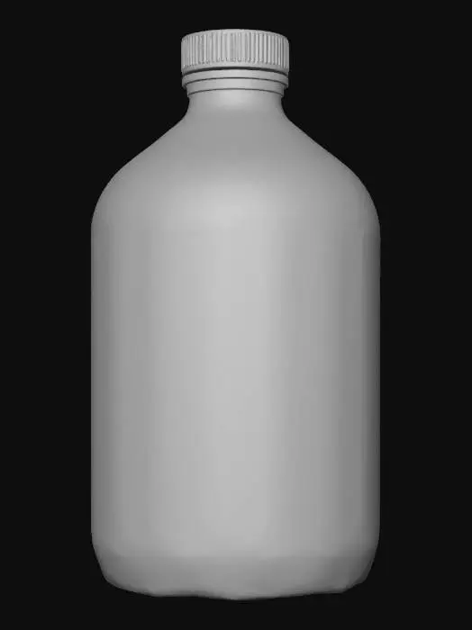 3D model for Hyper-realistic amber glass reagent bottle (500 mL) with black phenolic screw cap and tamper ring, slight cap scuffs. Thick glass with subtle mold seam, embossed volume marks, realistic refraction; small meniscus of clear/pale liquid inside (non-specific). Front label: clean lab style, “CORROSIVE ACID SOLUTION” and “FOR LAB USE ONLY” (generic), hazard pictograms (corrosive, exclamation), UN-style placeholder code, barcode/QR (fake), lot/exp stamp, storage notes, microtext blocks (placeholders). Label material: matte paper with slight wrinkles, seam overlap, edge lift, adhesive bleed. Add wear: fingerprints, dust specks, micro-scratches, faint drip stain down side. PBR-ready: clean UVs, hi-res textures, accurate glass transmission/roughness, paper fiber micro-normal. Neutral studio lighting