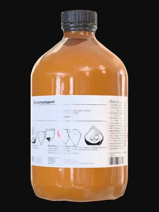 3D model for Hyper-realistic amber glass reagent bottle (500 mL) with black phenolic screw cap and tamper ring, slight cap scuffs. Thick glass with subtle mold seam, embossed volume marks, realistic refraction; small meniscus of clear/pale liquid inside (non-specific). Front label: clean lab style, “CORROSIVE ACID SOLUTION” and “FOR LAB USE ONLY” (generic), hazard pictograms (corrosive, exclamation), UN-style placeholder code, barcode/QR (fake), lot/exp stamp, storage notes, microtext blocks (placeholders). Label material: matte paper with slight wrinkles, seam overlap, edge lift, adhesive bleed. Add wear: fingerprints, dust specks, micro-scratches, faint drip stain down side. PBR-ready: clean UVs, hi-res textures, accurate glass transmission/roughness, paper fiber micro-normal. Neutral studio lighting