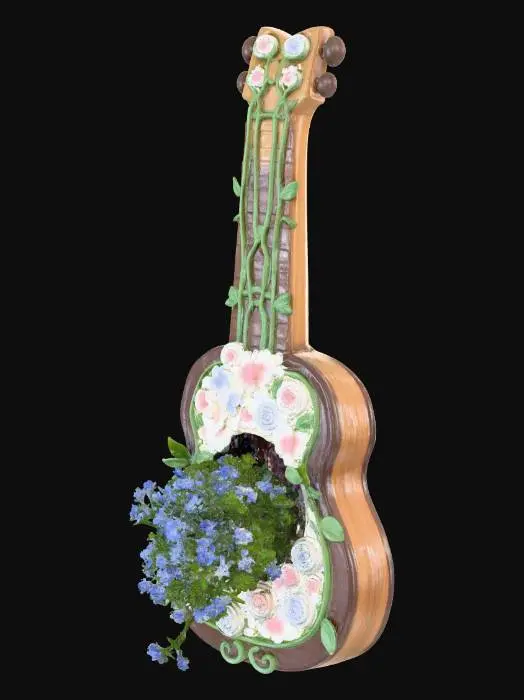 3D model for Ceramic Guitar Planter with Lobelia Erinus Flowers