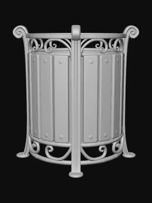 3D model for Ornate Wood Slat Trash Bin with Wrought Iron Frame