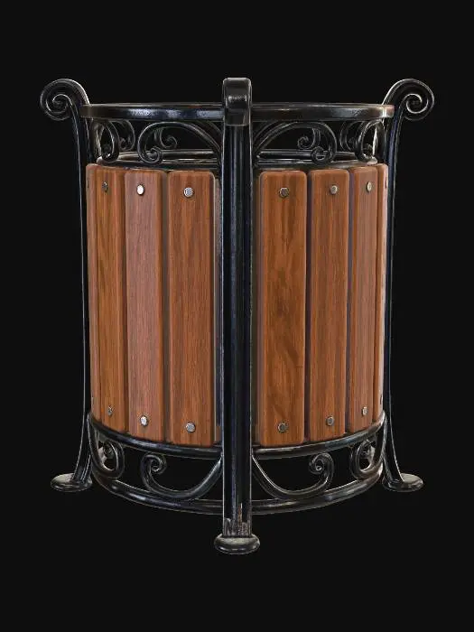 3D model for Ornate Wood Slat Trash Bin with Wrought Iron Frame