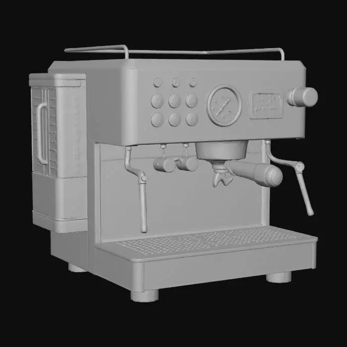3D model for Hyper-realistic premium espresso/coffee machine, chrome finish, countertop appliance. Polished stainless body with crisp bevels, curved panels, mirror reflections, subtle brushed micrograin, micro-scratches, fingerprints, light water spots. Front: dual boilers style layout with highly detailed buttons/labels (brew 1, brew 2, steam, hot water, menu), backlit icons, knurled knobs, pressure gauge with readable ticks, small OLED display (generic UI), drip tray with perforated grate, group head, portafilter locked in. Side: built-in clear water tank with molded handle, fill line markings, slight fogging, visible water level, latch seam. Add steam wand and hot-water spout with heat tint. PBR-ready: clean UVs, hi-res textures, accurate metalness/roughness, glass/plastic transmission, micro-normal