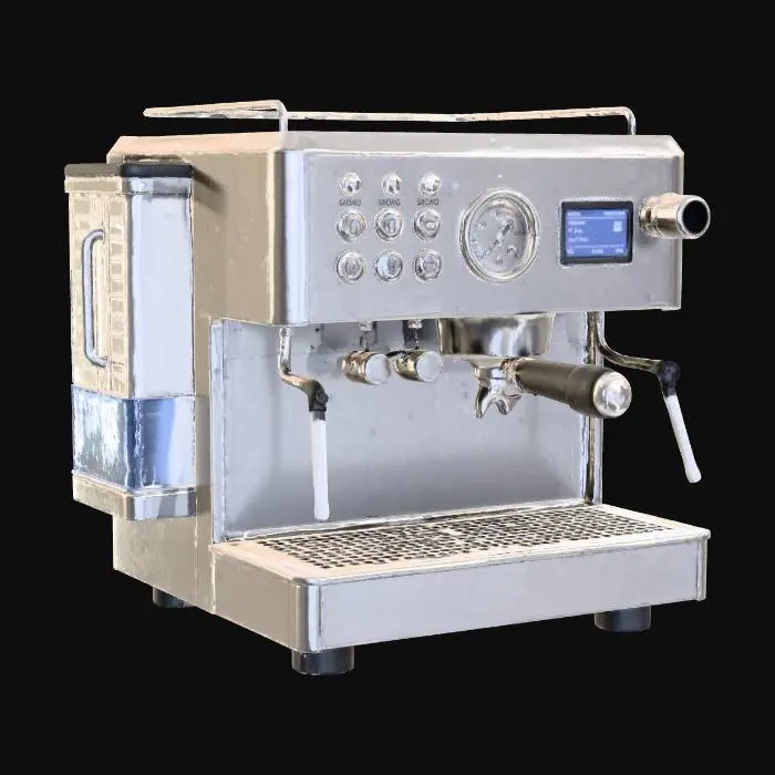 3D model for Hyper-realistic premium espresso/coffee machine, chrome finish, countertop appliance. Polished stainless body with crisp bevels, curved panels, mirror reflections, subtle brushed micrograin, micro-scratches, fingerprints, light water spots. Front: dual boilers style layout with highly detailed buttons/labels (brew 1, brew 2, steam, hot water, menu), backlit icons, knurled knobs, pressure gauge with readable ticks, small OLED display (generic UI), drip tray with perforated grate, group head, portafilter locked in. Side: built-in clear water tank with molded handle, fill line markings, slight fogging, visible water level, latch seam. Add steam wand and hot-water spout with heat tint. PBR-ready: clean UVs, hi-res textures, accurate metalness/roughness, glass/plastic transmission, micro-normal