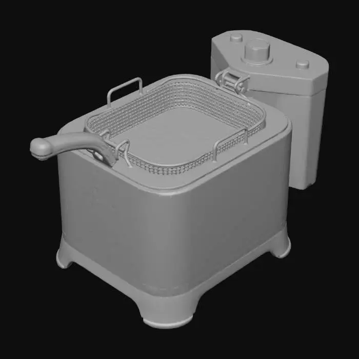 3D model for Hyper-realistic countertop electric deep fryer with basket and visible oil. Stainless steel rectangular body with brushed finish, rounded edges, rubber feet, subtle seams, screws, and light scuffs. Front: temperature dial/knob with tick marks, power indicator light, small logo-free label plate. Top: open tank well with amber cooking oil inside, realistic meniscus, slight surface ripples, faint reflections; a few tiny crumbs floating. Heating element guard visible (no internal cutaway). Basket: stainless wire mesh with folded rim, hanging hooks, and an insulated black handle; basket resting in fryer with lower portion submerged in oil. Add light grease smudges near rim, micro-scratches, fingerprints, water spots, slight heat tint on metal near tank. PBR-ready: clean UVs, hi-res textures, ac