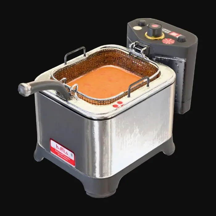 3D model for Hyper-realistic countertop electric deep fryer with basket and visible oil. Stainless steel rectangular body with brushed finish, rounded edges, rubber feet, subtle seams, screws, and light scuffs. Front: temperature dial/knob with tick marks, power indicator light, small logo-free label plate. Top: open tank well with amber cooking oil inside, realistic meniscus, slight surface ripples, faint reflections; a few tiny crumbs floating. Heating element guard visible (no internal cutaway). Basket: stainless wire mesh with folded rim, hanging hooks, and an insulated black handle; basket resting in fryer with lower portion submerged in oil. Add light grease smudges near rim, micro-scratches, fingerprints, water spots, slight heat tint on metal near tank. PBR-ready: clean UVs, hi-res textures, ac