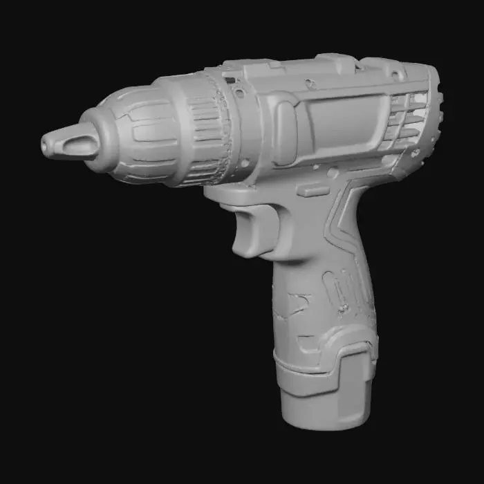 3D model for Hyper-realistic compact cordless impact driver inspired by modern teal/black pro tools, unbranded (no logos). Short nose, chunky gear housing, ergonomic pistol grip with deep rubber overmold texture, battery slide rails. Front: 1/4" hex collet, metal nose cone, bit sleeve, worn edges. Body: vent slots, molded seams, screws, ribs, lanyard hole, belt clip, forward/reverse rocker, variable trigger, mode button + LED indicators, worklight lens near trigger. Battery pack attached (18–20V style) with latch buttons, vents, generic label sticker (placeholder text). Materials: matte teal polymer w/ fine grain, black rubber grip, satin metal nose, brushed fasteners. Real wear: micro-scratches, scuffs, dust, slight grime in creases. PBR-ready: clean UVs, hi-res textures, accurate roughness/metalness,