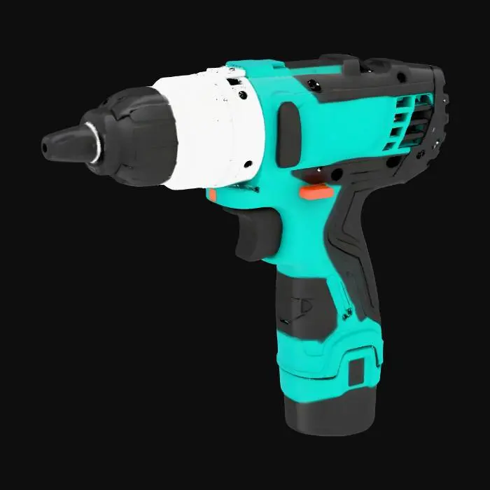 3D model for Hyper-realistic compact cordless impact driver inspired by modern teal/black pro tools, unbranded (no logos). Short nose, chunky gear housing, ergonomic pistol grip with deep rubber overmold texture, battery slide rails. Front: 1/4" hex collet, metal nose cone, bit sleeve, worn edges. Body: vent slots, molded seams, screws, ribs, lanyard hole, belt clip, forward/reverse rocker, variable trigger, mode button + LED indicators, worklight lens near trigger. Battery pack attached (18–20V style) with latch buttons, vents, generic label sticker (placeholder text). Materials: matte teal polymer w/ fine grain, black rubber grip, satin metal nose, brushed fasteners. Real wear: micro-scratches, scuffs, dust, slight grime in creases. PBR-ready: clean UVs, hi-res textures, accurate roughness/metalness,
