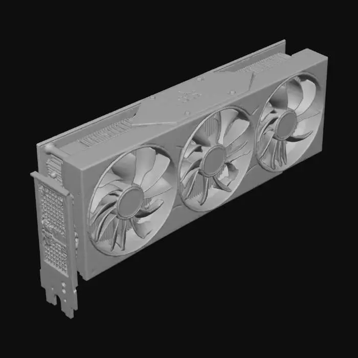 3D model for Hyper-realistic 2025 flagship triple-slot GPU (RTX 5090–style), no logos. Angular matte-black shroud, 3 axial fans, vented finstack, subtle brushed-metal accents. Reinforced metal backplate with cutouts, visible screws, PCIe x16 edge connector, single 16-pin 12V-2x6 power socket. I/O bracket with 3 DisplayPort + 1 HDMI cutouts. Fine wear: micro-scratches, tiny dents, fingerprints, dust. PBR-ready: correct metalness/roughness, anisotropic brushed aluminum, micro-normal, clean UVs, hi-res textures. Neutral studio lighting, centered asset; no cables, no RGB.