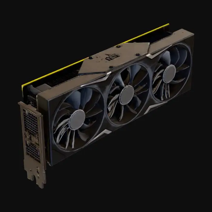 3D model for Hyper-realistic 2025 flagship triple-slot GPU (RTX 5090–style), no logos. Angular matte-black shroud, 3 axial fans, vented finstack, subtle brushed-metal accents. Reinforced metal backplate with cutouts, visible screws, PCIe x16 edge connector, single 16-pin 12V-2x6 power socket. I/O bracket with 3 DisplayPort + 1 HDMI cutouts. Fine wear: micro-scratches, tiny dents, fingerprints, dust. PBR-ready: correct metalness/roughness, anisotropic brushed aluminum, micro-normal, clean UVs, hi-res textures. Neutral studio lighting, centered asset; no cables, no RGB.