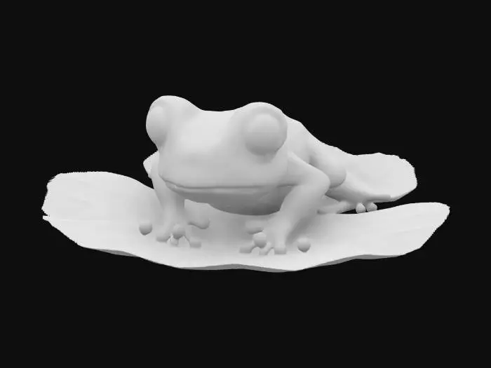 3D model for A cute frog sitting on a lilypad. Chibi art style. Highly stylized. Simple shapes and details. Deeply etched and embossed features with sharp, clean lines. All walls and features at least 2mm thick. 