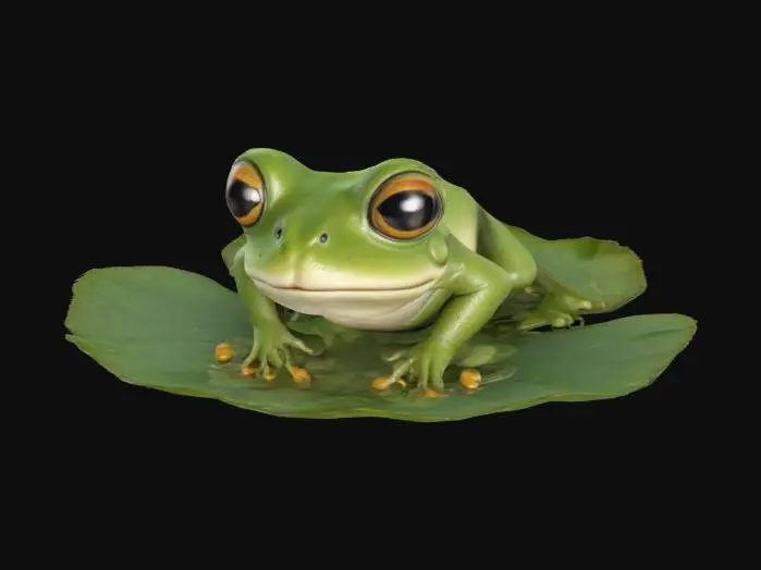 3D model for A cute frog sitting on a lilypad. Chibi art style. Highly stylized. Simple shapes and details. Deeply etched and embossed features with sharp, clean lines. All walls and features at least 2mm thick. 