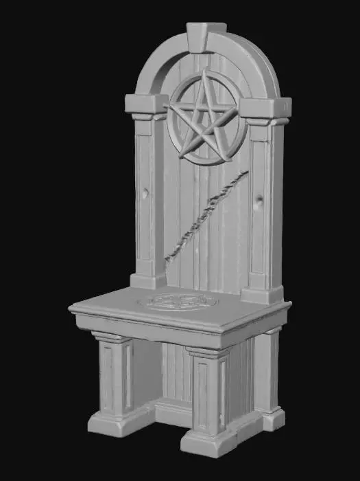 3D model for An old wooden altar with a large pentagram carved into the tabletop. Dried blood sticks everywhere on the table and in the cracks.