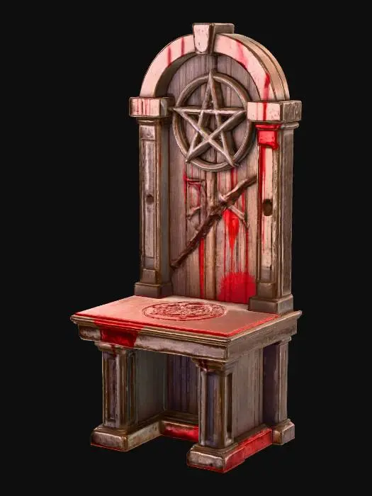 3D model for An old wooden altar with a large pentagram carved into the tabletop. Dried blood sticks everywhere on the table and in the cracks.