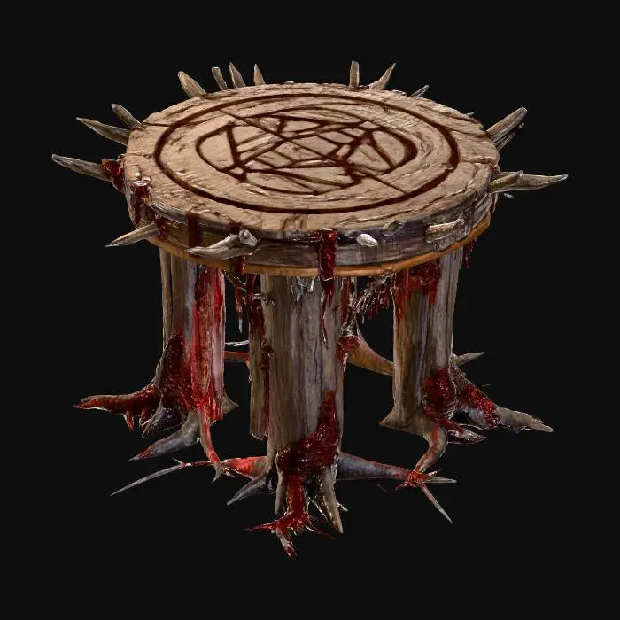 3D model for An old wooden altar with a large pentagram carved into the tabletop. Dried blood sticks everywhere on the table and in the cracks, #Halloween2025#