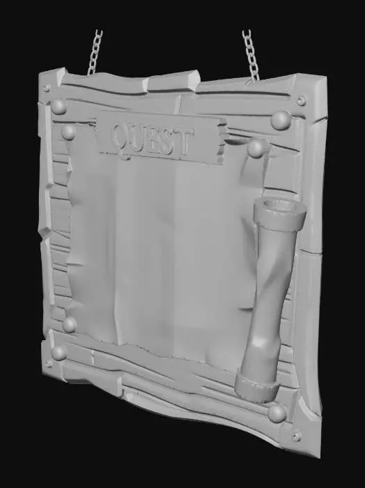 3D model for Fantasy quest notice board, Minecraft block style, wooden board construction, old paper quests pinned with thumbtacks, multiple layers of parchment, rolled scrolls on sides, wooden posts support, pixel art style, low poly 3D model, earthy brown and beige colors, medieval tavern decoration, game ready asset, UV mapped