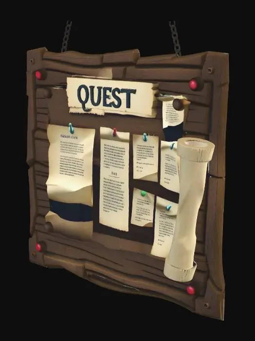 3D model for Fantasy quest notice board, Minecraft block style, wooden board construction, old paper quests pinned with thumbtacks, multiple layers of parchment, rolled scrolls on sides, wooden posts support, pixel art style, low poly 3D model, earthy brown and beige colors, medieval tavern decoration, game ready asset, UV mapped