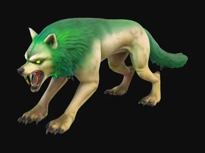 3D model for a rabid dire wolf with green fel paws and mane