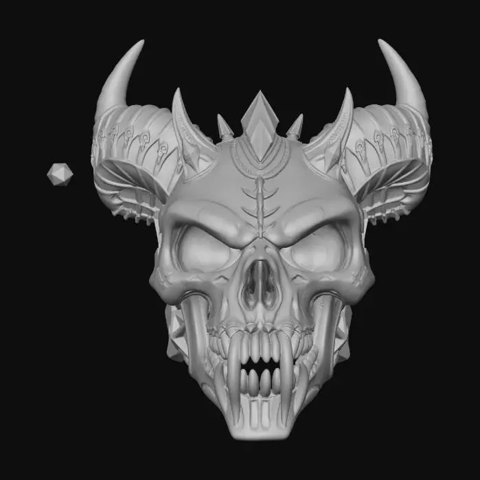 3D model for Dark fantasy demon skull artifact made from jagged crystal and dark metal. Large aggressive skull with massive horns and sharp crystal spikes growing from the surface. Eyes glowing with magical energy. Crystal shards floating around the skull in orbit like shattered fragments held together by dark magic. Surface covered with engraved runes and ancient symbols. Teeth long and sharp like daggers. Extremely detailed sculpt with layered crystal growth and strong dramatic silhouette. Designed as a powerful cursed relic or boss artifact from a dark fantasy world.