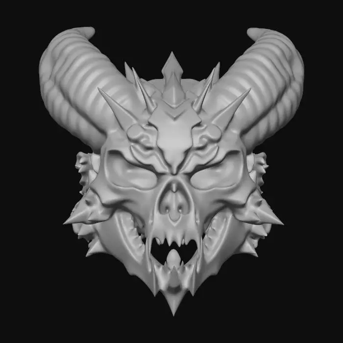 3D model for Legendary demon mask artifact with aggressive skull shape and large curved horns. The mask is made from layered crystal plates and dark metal pieces forming sharp spikes and dramatic shapes. Crystal sections reveal glowing energy inside the mask. Large eye sockets filled with intense magical light. Several crystal shards floating around the mask as orbiting fragments. Surface covered in engraved runes and jagged details. Highly symmetrical structure with strong silhouette. Ultra detailed high poly fantasy artifact designed to look powerful and visually striking.