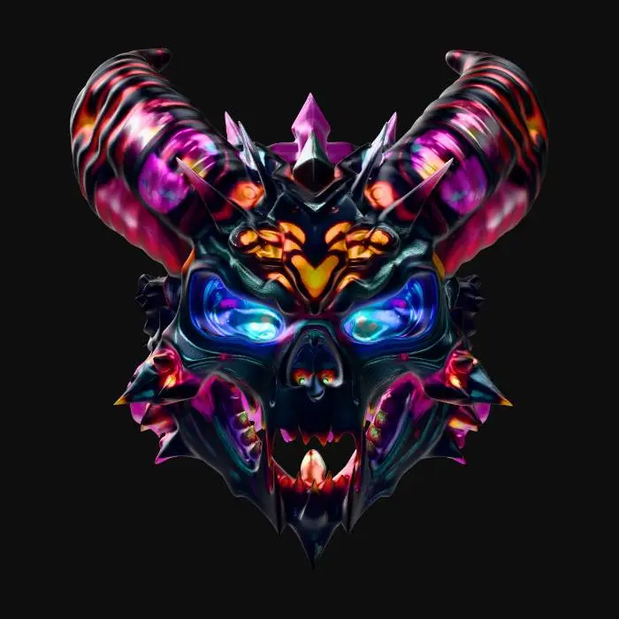 3D model for Legendary demon mask artifact with aggressive skull shape and large curved horns. The mask is made from layered crystal plates and dark metal pieces forming sharp spikes and dramatic shapes. Crystal sections reveal glowing energy inside the mask. Large eye sockets filled with intense magical light. Several crystal shards floating around the mask as orbiting fragments. Surface covered in engraved runes and jagged details. Highly symmetrical structure with strong silhouette. Ultra detailed high poly fantasy artifact designed to look powerful and visually striking.