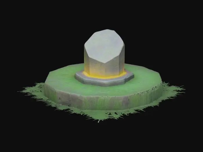3D model for the artifact of the night it shimmers with its freezing glow and glloms the sky periodicly/ it is in the slot on an acient stone podium with overgrown grass around it