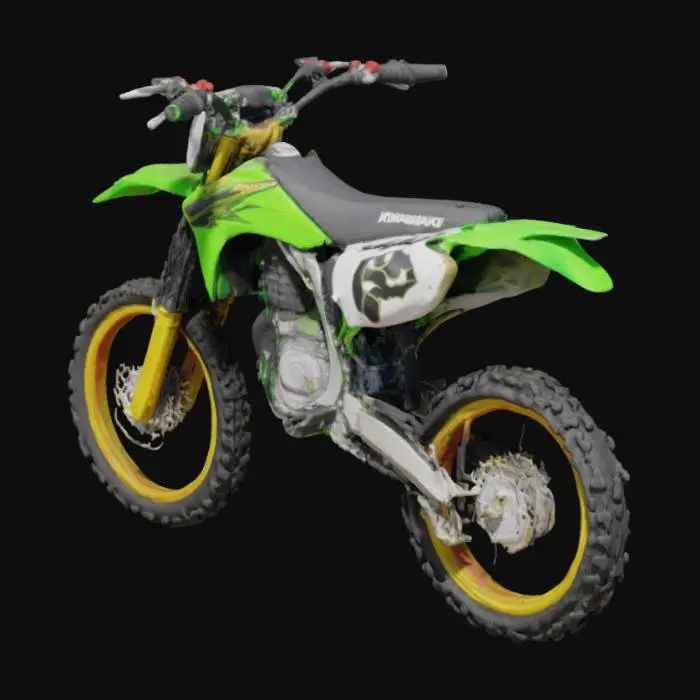 3D model for Kawasaki KX500 dirt bike, 2-stroke engine with large expansion chamber exhaust, vivid green plastic bodywork, gold inverted front forks, black knobby off-road tires, aluminum frame, vented front and rear fenders, aggressive angular design, exposed suspension, chain drive, detailed engine casing, rugged black seat with “KX500” logo, number plate on front, radiators visible under shrouds, realistic high-detail rendering.