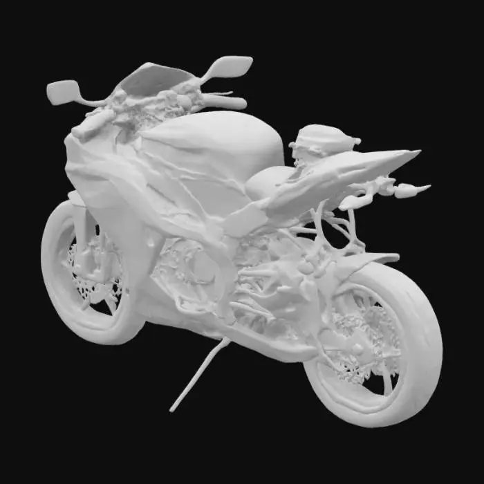 3D model for Yamaha R1 superbike, sleek aerodynamic fairings, sharp angular bodywork, blue and black color scheme, inline 4-cylinder engine, twin LED headlights, aggressive front cowl, aluminum frame, exposed rear mono-shock suspension, dual front disc brakes with large rotors, sport tires on alloy wheels, sculpted fuel tank, compact exhaust under tail, digital dash, rear swingarm, realistic high-detail rendering.