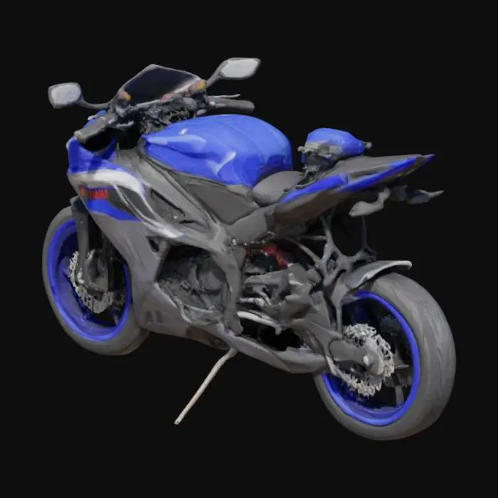 3D model for Yamaha R1 superbike, sleek aerodynamic fairings, sharp angular bodywork, blue and black color scheme, inline 4-cylinder engine, twin LED headlights, aggressive front cowl, aluminum frame, exposed rear mono-shock suspension, dual front disc brakes with large rotors, sport tires on alloy wheels, sculpted fuel tank, compact exhaust under tail, digital dash, rear swingarm, realistic high-detail rendering.