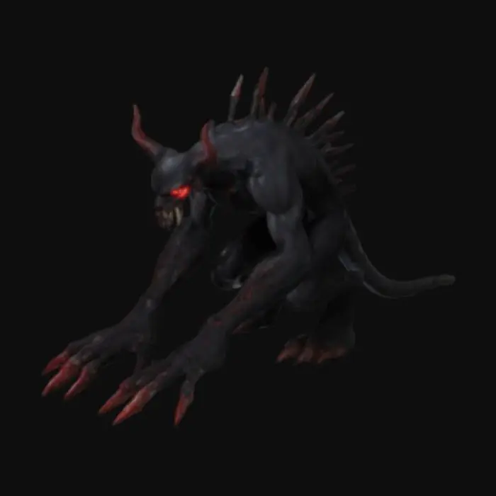 3D model for A giant fiend crouching with two red eyes visible and claws and a black body with swords sticking out of it.