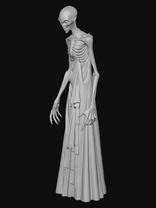3D model for terrifying supernatural dream-walker entity, humanoid but slightly distorted, tall and thin with elongated limbs, hollow glowing eyes that emit faint mist, cracked porcelain-like skin with dark veins, subtle smile that feels unnatural, wearing tattered shadowy robes that flow like smoke, surrounded by a dreamlike fog, nightmare atmosphere, dark surreal environment, cinematic lighting, ultra-detailed 3D character design, realistic textures, high-poly sculpt, ZBrush style, Unreal Engine quality, dramatic shadows, horror fantasy concept art, 8K render, sharp focus