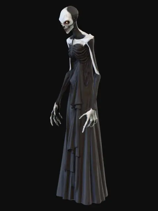 3D model for terrifying supernatural dream-walker entity, humanoid but slightly distorted, tall and thin with elongated limbs, hollow glowing eyes that emit faint mist, cracked porcelain-like skin with dark veins, subtle smile that feels unnatural, wearing tattered shadowy robes that flow like smoke, surrounded by a dreamlike fog, nightmare atmosphere, dark surreal environment, cinematic lighting, ultra-detailed 3D character design, realistic textures, high-poly sculpt, ZBrush style, Unreal Engine quality, dramatic shadows, horror fantasy concept art, 8K render, sharp focus