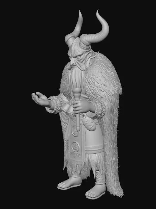 3D model for "Mythical Bulgarian Kuker spirit guardian, tall imposing figure, demonic wooden mask with long horns, glowing eyes, wild fur cloak, enchanted bells, runic carvings, holding a magical torch, dramatic wind effects, high-detail 3D sculpt, stable pose for 3D printing, dark fantasy atmosphere, cinematic shadows, extremely detailed and powerful folklore-inspired design."