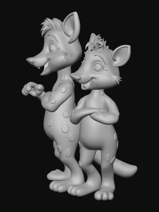 3D model for Create a 3D model of Blue and Bingo from the kids’ animated show “Bluey” in a playful, cartoonish style. Both characters should be fully posed and expressive, capturing their fun, joyful personalities. Blue (the older sibling) should have her signature blue fur with darker blue spots, standing confidently with a big smile. Bingo (the younger sibling) should have her light brown/tan fur with lighter patches, looking cheerful and curious. The models should be suitable for 3D printing, with clear details, smooth, connected limbs, and exaggerated, child-friendly proportions. Include subtle shading and textures to make the models look like polished collectible figures without overly realistic features. Background can be minimal or neutral.