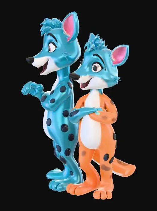 3D model for Create a 3D model of Blue and Bingo from the kids’ animated show “Bluey” in a playful, cartoonish style. Both characters should be fully posed and expressive, capturing their fun, joyful personalities. Blue (the older sibling) should have her signature blue fur with darker blue spots, standing confidently with a big smile. Bingo (the younger sibling) should have her light brown/tan fur with lighter patches, looking cheerful and curious. The models should be suitable for 3D printing, with clear details, smooth, connected limbs, and exaggerated, child-friendly proportions. Include subtle shading and textures to make the models look like polished collectible figures without overly realistic features. Background can be minimal or neutral.