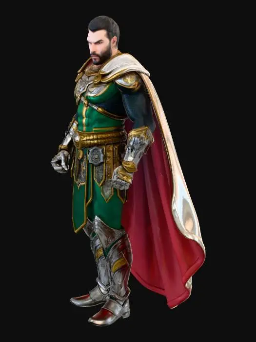 3D model for “Bulgarian superhero standing in heroic pose, muscular athletic body, wearing armor inspired by traditional Bulgarian motifs (embroidered patterns, Thracian symbols), futuristic metallic accents, flowing cape in white, green, and red, strong jawline, intense glowing eyes, dramatic lighting, photorealistic 3D render, ultra-detailed, high-resolution model, perfect for 3D printing, sharp edges, clear silhouette, epic fantasy style.”