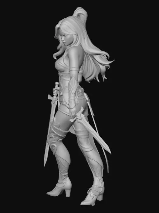 3D model for Create a 3D printable figurine of a very sexy female warrior in a stylized fantasy outfit inspired by a warrior or rogue aesthetic (can be armor or stylized clothing, not explicit nudity). She should be in an action pose, holding two weapons (swords, daggers, or crossbows) with a confident, dynamic stance. Emphasize heroic proportions, clean lines, and connected limbs suitable for 3D printing. Add small details like belts, straps, armor pieces, and flowing hair. The model should be manifold and ready for printing, around 15–20 cm tall, with exaggerated, stylized features inspired by video game or comic characters. Background should be minimal or neutral.