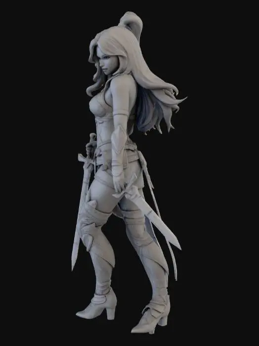 3D model for Create a 3D printable figurine of a very sexy female warrior in a stylized fantasy outfit inspired by a warrior or rogue aesthetic (can be armor or stylized clothing, not explicit nudity). She should be in an action pose, holding two weapons (swords, daggers, or crossbows) with a confident, dynamic stance. Emphasize heroic proportions, clean lines, and connected limbs suitable for 3D printing. Add small details like belts, straps, armor pieces, and flowing hair. The model should be manifold and ready for printing, around 15–20 cm tall, with exaggerated, stylized features inspired by video game or comic characters. Background should be minimal or neutral.
