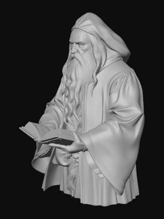 3D model for "Create a highly detailed fantasy book nook scene set in a wizard’s study. The nook is magical and cozy, filled with ancient books, glowing potions, mystical artifacts, and floating candles. In the center sits an old wizard with long flowing hair and a long beard, wearing a richly embroidered robe, reading an open spellbook. The shelves are carved from dark enchanted wood, with tiny magical creatures peeking from corners. Soft warm lighting from candles and a fireplace casts a magical glow. Include intricate details like runes on the floor, a crystal ball on a stand, scrolls tied with ribbons, and mystical symbols glowing faintly. Style: ultra-realistic, high fantasy, cinematic, immersive, with a sense of wonder and magic. Focus on depth, textures, and cozy, enchanted atmosphere."