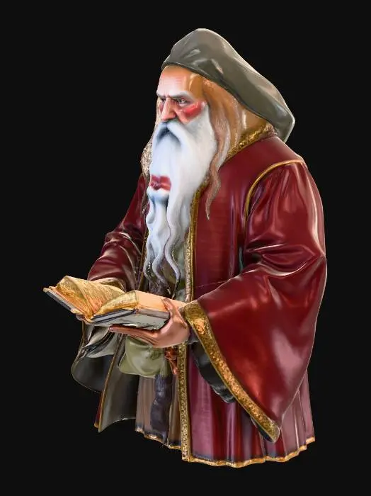 3D model for "Create a highly detailed fantasy book nook scene set in a wizard’s study. The nook is magical and cozy, filled with ancient books, glowing potions, mystical artifacts, and floating candles. In the center sits an old wizard with long flowing hair and a long beard, wearing a richly embroidered robe, reading an open spellbook. The shelves are carved from dark enchanted wood, with tiny magical creatures peeking from corners. Soft warm lighting from candles and a fireplace casts a magical glow. Include intricate details like runes on the floor, a crystal ball on a stand, scrolls tied with ribbons, and mystical symbols glowing faintly. Style: ultra-realistic, high fantasy, cinematic, immersive, with a sense of wonder and magic. Focus on depth, textures, and cozy, enchanted atmosphere."