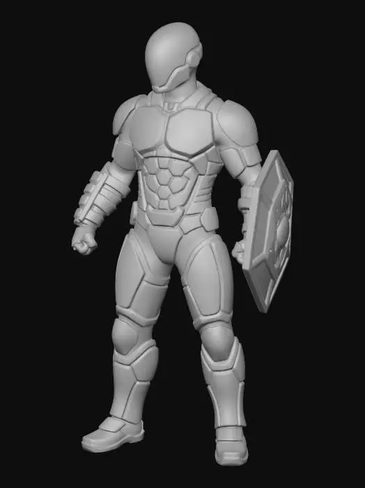 3D model for Create a superhero who's armor is composed of hexagonal plates, with gauntlets,  matching medium sized shield, and a helmet with no ears or fins, with a red trim. Have him standing in a plaza, surrounded by city buildings during a snowfall, with a sports type car in the background that matches.