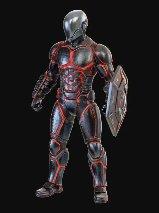 3D model for Create a superhero who's armor is composed of hexagonal plates, with gauntlets,  matching medium sized shield, and a helmet with no ears or fins, with a red trim. Have him standing in a plaza, surrounded by city buildings during a snowfall, with a sports type car in the background that matches.