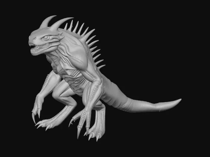 3D model for Criatura fantástica realista y monstruosa con anatomía híbrida de depredador. Cuerpo grande y musculoso, postura baja y agresiva, proporciones realistas. Piel gruesa cubierta de escamas irregulares y zonas de piel rugosa, con cicatrices visibles. Color base gris oscuro y negro ceniza, con leves vetas bioluminiscentes azul apagado. Cabeza alargada tipo reptil con mandíbula potente, dientes afilados y asimétricos, ojos pequeños y brillantes sin pupila. Cuernos óseos cortos hacia atrás. Extremidades fuertes con garras largas y desgastadas. Cola pesada y articulada. Sin alas. Texturas realistas, aspecto salvaje, iluminación natural oscura, estilo criatura de videojuego realista.
