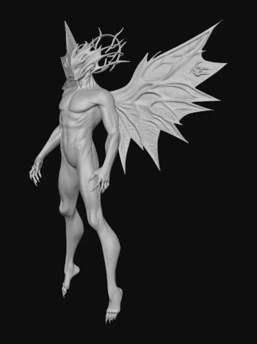 3D model for Entidad divina y oscura, forma humanoide estilizada, altura 2,3 m, cuerpo delgado y alargado, postura flotante. Piel metálico-orgánica tipo obsidiana pulida con vetas de energía luminosa integradas. Colores: negro profundo con energía azul eléctrico, morado y cian. Rostro no humano, sin boca ni nariz definida; ojos como núcleos de luz brillante con halo. Cabeza con corona fragmentada orgánica. Torso liso sin género. Desde la espalda emergen alas fractales o símbolos geométricos de energía flotante, no físicas. Brazos y piernas largos y elegantes, manos de cinco dedos finos, pies simples. Sin ropa; posible capa etérea de energía integrada al cuerpo. Estética: fantasía oscura, divinidad cósmica, alto detalle, iluminación dramática.