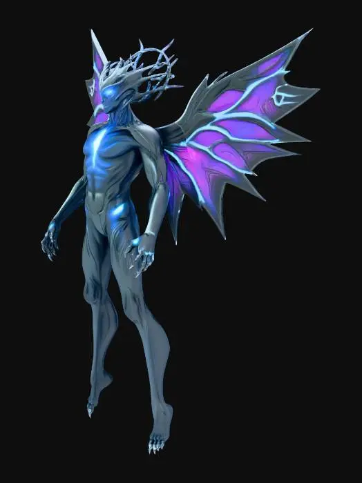 3D model for Entidad divina y oscura, forma humanoide estilizada, altura 2,3 m, cuerpo delgado y alargado, postura flotante. Piel metálico-orgánica tipo obsidiana pulida con vetas de energía luminosa integradas. Colores: negro profundo con energía azul eléctrico, morado y cian. Rostro no humano, sin boca ni nariz definida; ojos como núcleos de luz brillante con halo. Cabeza con corona fragmentada orgánica. Torso liso sin género. Desde la espalda emergen alas fractales o símbolos geométricos de energía flotante, no físicas. Brazos y piernas largos y elegantes, manos de cinco dedos finos, pies simples. Sin ropa; posible capa etérea de energía integrada al cuerpo. Estética: fantasía oscura, divinidad cósmica, alto detalle, iluminación dramática.