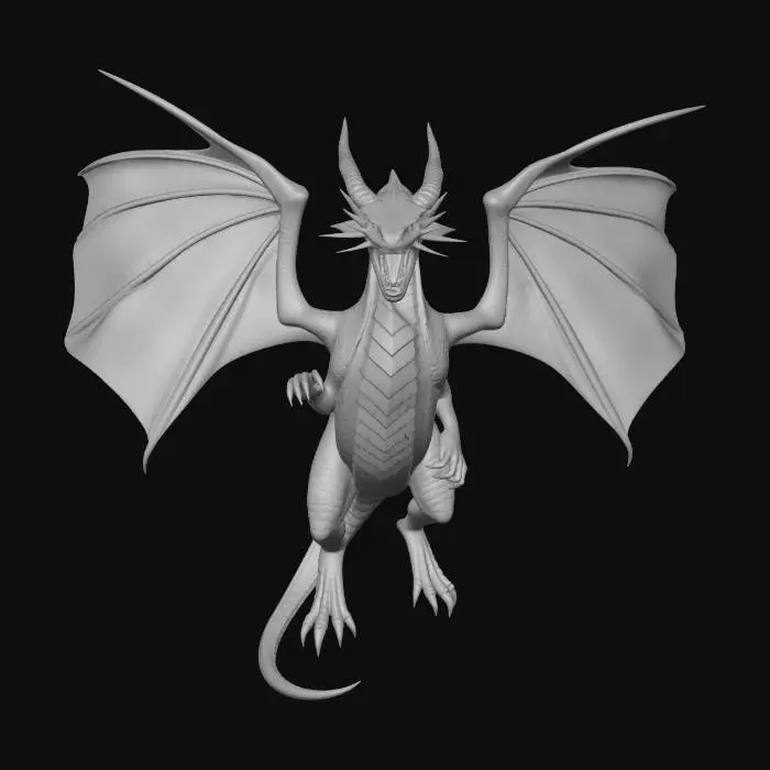 3D model for Criatura tipo dragón ancestral de gran tamaño, con cuerpo alargado y musculoso cubierto por escamas iridiscentes que cambian de color entre azul oscuro, morado y cian según la luz. Sus alas son enormes, similares a las de un murciélago, con membranas translúcidas atravesadas por venas luminosas de energía azul. La cabeza es angular y feroz, con cuernos curvados hacia atrás de textura metálica y ojos brillantes de tono turquesa que emiten un resplandor amenazante. De su boca salen ligeras partículas de energía, como si estuviera cargando un aliento elemental. La cola es larga y flexible, terminada en una punta afilada con runas incandescentes. El diseño combina fantasía y estética futurista, con detalles bioluminiscentes y un aspecto poderoso, elegante y dominante.