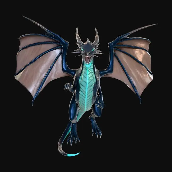 3D model for Criatura tipo dragón ancestral de gran tamaño, con cuerpo alargado y musculoso cubierto por escamas iridiscentes que cambian de color entre azul oscuro, morado y cian según la luz. Sus alas son enormes, similares a las de un murciélago, con membranas translúcidas atravesadas por venas luminosas de energía azul. La cabeza es angular y feroz, con cuernos curvados hacia atrás de textura metálica y ojos brillantes de tono turquesa que emiten un resplandor amenazante. De su boca salen ligeras partículas de energía, como si estuviera cargando un aliento elemental. La cola es larga y flexible, terminada en una punta afilada con runas incandescentes. El diseño combina fantasía y estética futurista, con detalles bioluminiscentes y un aspecto poderoso, elegante y dominante.