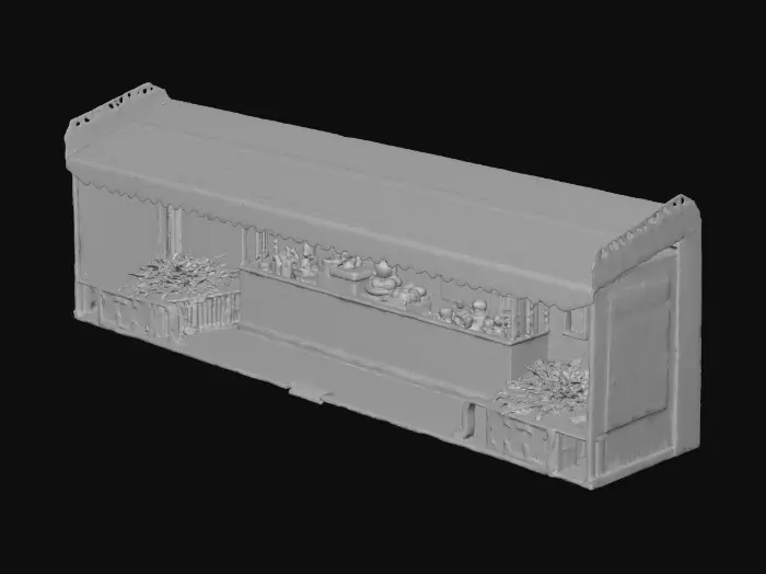 3D model for A highly detailed cyberpunk street vendor stall at night, neon signs glowing, rain-slicked pavement, with holographic ads and steam rising from food carts.