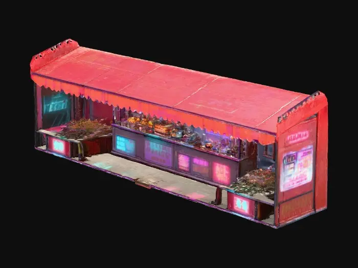 3D model for A highly detailed cyberpunk street vendor stall at night, neon signs glowing, rain-slicked pavement, with holographic ads and steam rising from food carts.