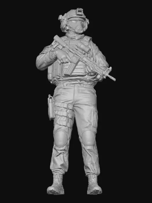 3D model for 生成一个穿着重型防弹衣、带着美国陆军的FAST头盔、穿着迷彩作战服、手持AO-64突击步枪的士兵